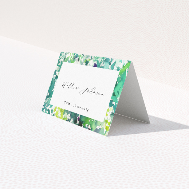 Dappled suite place card template with lush foliage border creating an ethereal dappled light effect, capturing the fresh vibrancy of a sunlit grove and evoking natural elegance This is a third view of the front