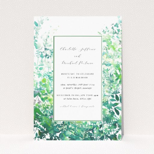 A5 wedding invitation featuring a border of lush foliage with leaves in varying shades of green, evoking the dappled light effect of a sunlit grove, perfect for couples seeking a fresh and vibrant celebration amidst natural elegance This is a view of the front
