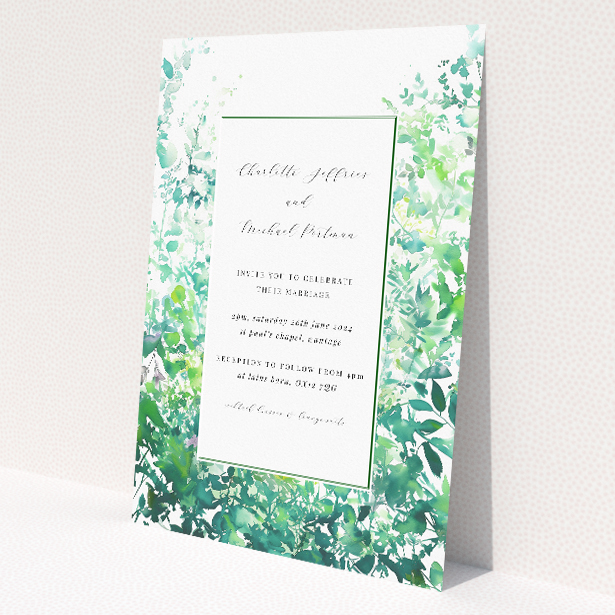 A5 wedding invitation featuring a border of lush foliage with leaves in varying shades of green, evoking the dappled light effect of a sunlit grove, perfect for couples seeking a fresh and vibrant celebration amidst natural elegance This is a view of the front