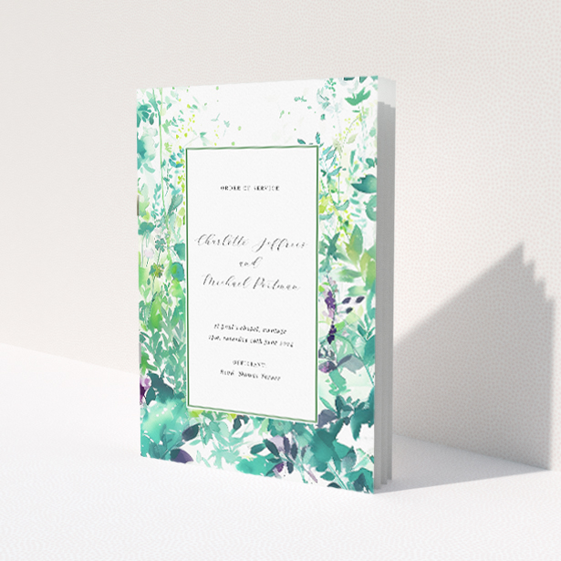 Serene Dappled Wedding Order of Service Booklet with Watercolour Greenery and Purple Blooms. This image shows the front and back sides together