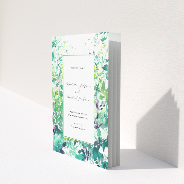Serene Dappled Wedding Order of Service Booklet with Watercolour Greenery and Purple Blooms. This image shows the front and back sides together