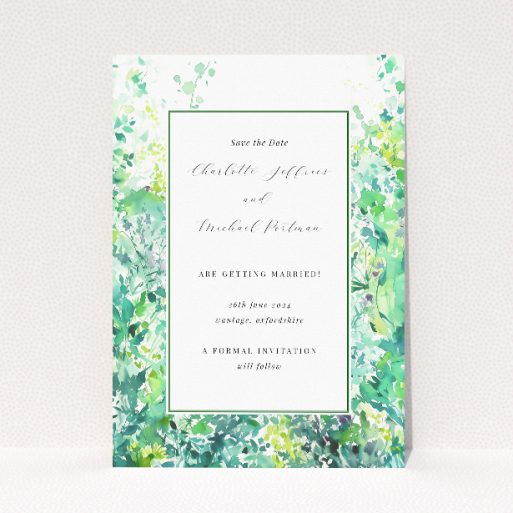 Dappled Wedding Save the Date Card - Watercolour illustration of green foliage framing a white central space. Landscape orientation for balanced presentation This is a view of the front