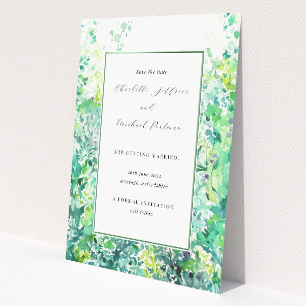Dappled Wedding Save the Date Card - Watercolour illustration of green foliage framing a white central space. Landscape orientation for balanced presentation This is a view of the back