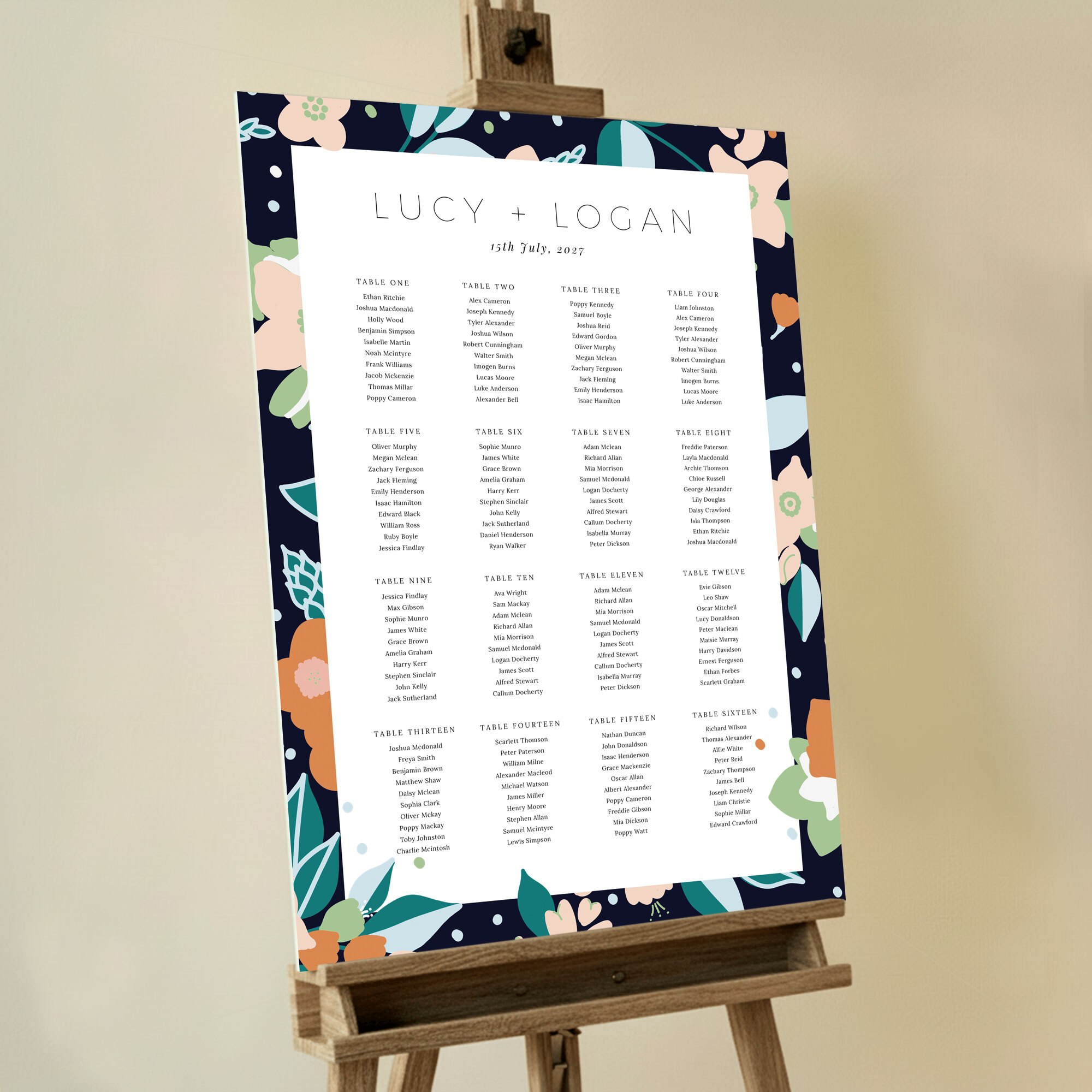 Custom Seating Plan - Dark Garden, a quirky and modern design featuring an abstract floral pattern in vibrant shades of orange, pink, green, and blue, adding a striking visual impact to your event.. This design shows 16 tables.