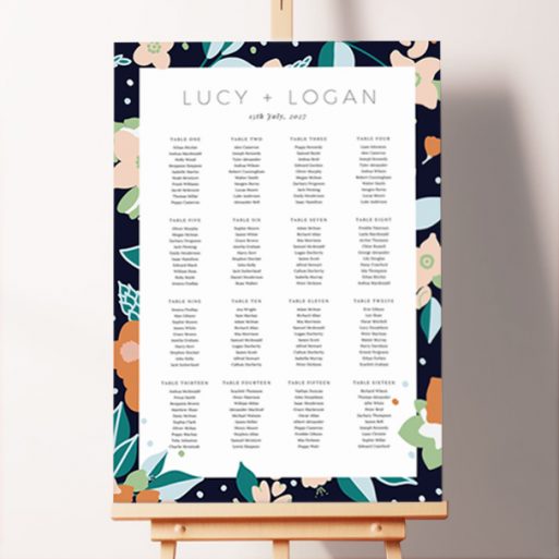 Custom Seating Plan - Dark Garden, a quirky and modern design featuring an abstract floral pattern in vibrant shades of orange, pink, green, and blue, adding a striking visual impact to your event.. This design shows 16 tables.