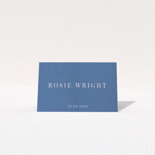 Daylight Script place cards table template - subtle blue background with crisp white text for modern elegance and understated luxury. This is a view of the front