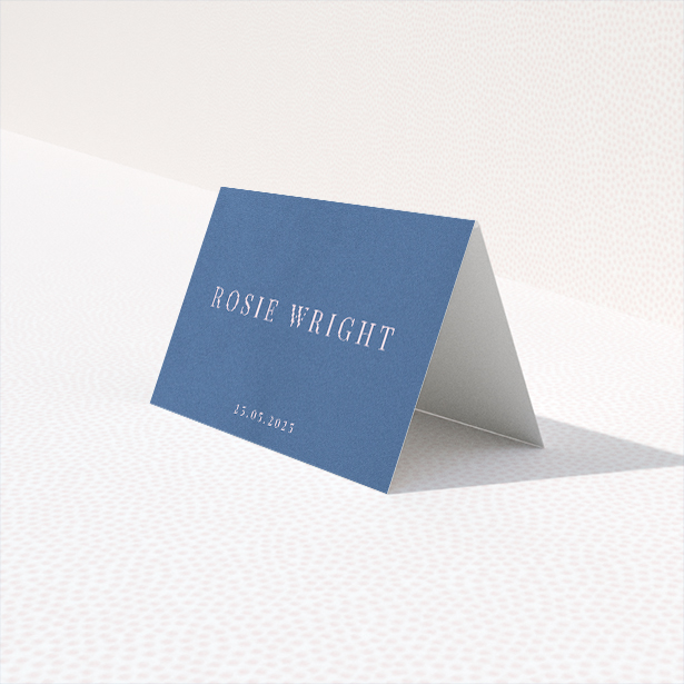 Daylight Script place cards table template - subtle blue background with crisp white text for modern elegance and understated luxury. This is a third view of the front