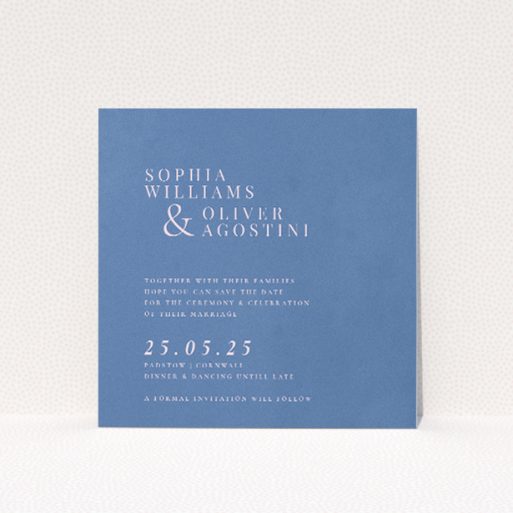 Daylight Script wedding save the date card featuring sophisticated script typography on a serene blue background, perfect for couples seeking an elegant announcement with a contemporary twist for their stylish and heartfelt wedding celebration This is a view of the front