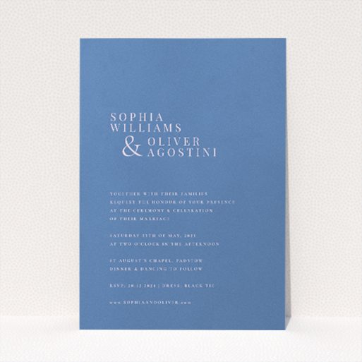 Daylight Script wedding invitation with sophisticated modern elegance, featuring clean design with subtle blue background and crisp white text, perfect for announcing your special day with classic grace and modern simplicity This is a view of the front