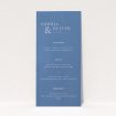 "Daylight Script wedding menu - Utterly Printable - Clean design with subtle blue tones and crisp white text exudes modern sophistication, perfect for contemporary couples seeking understated luxury.". This is a view of the front