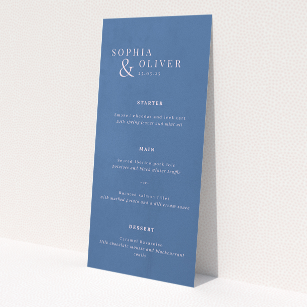 'Daylight Script wedding menu - Utterly Printable - Clean design with subtle blue tones and crisp white text exudes modern sophistication, perfect for contemporary couples seeking understated luxury.'. This is a view of the front
