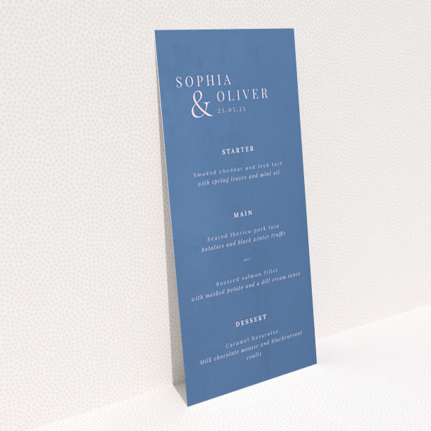 "Daylight Script wedding menu - Utterly Printable - Clean design with subtle blue tones and crisp white text exudes modern sophistication, perfect for contemporary couples seeking understated luxury.". This is a view of the back