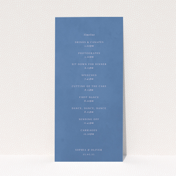 "Daylight Script wedding menu - Utterly Printable - Clean design with subtle blue tones and crisp white text exudes modern sophistication, perfect for contemporary couples seeking understated luxury.". This is a view of the back