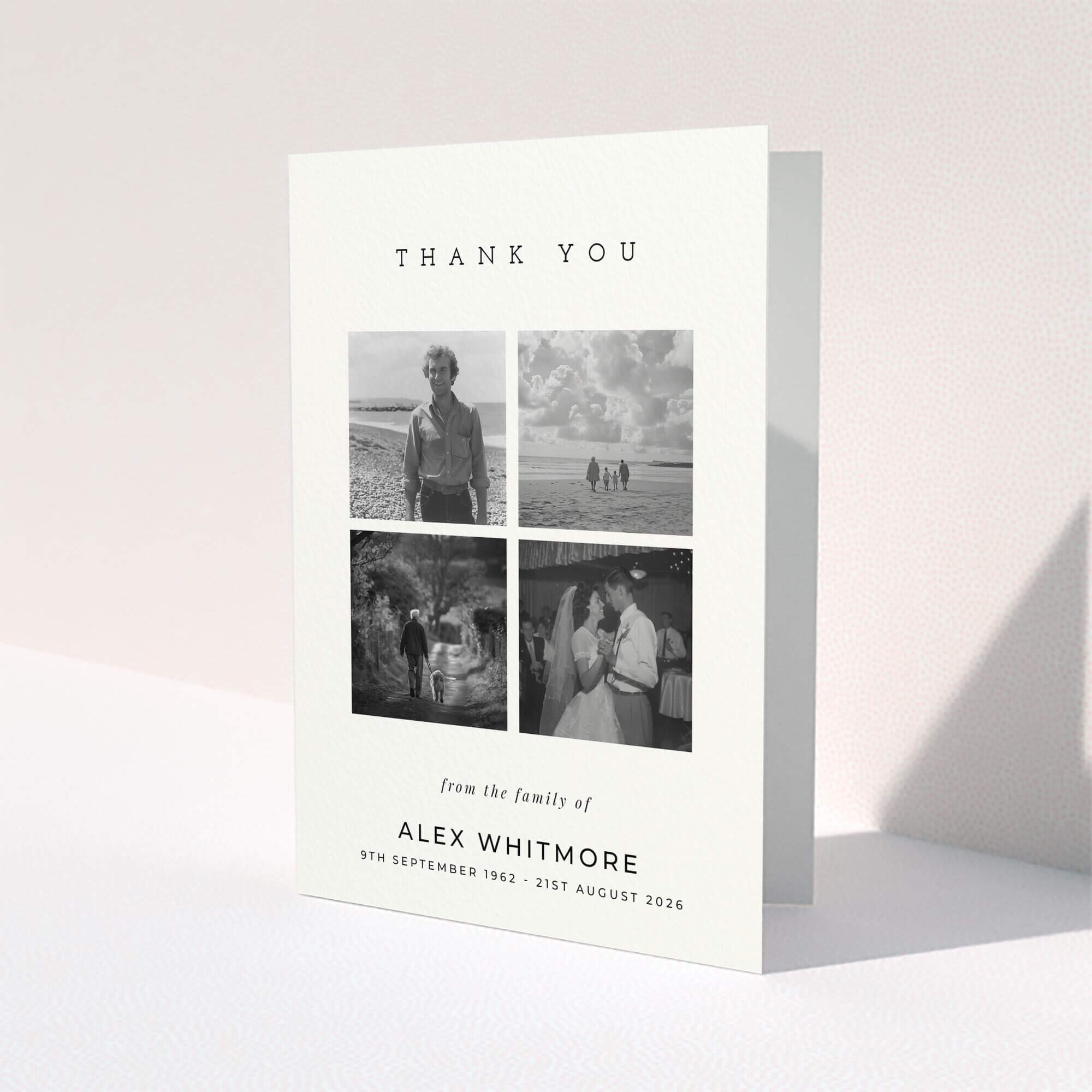Funeral thank you card design with four photos in a simple layout for personalised memorials.