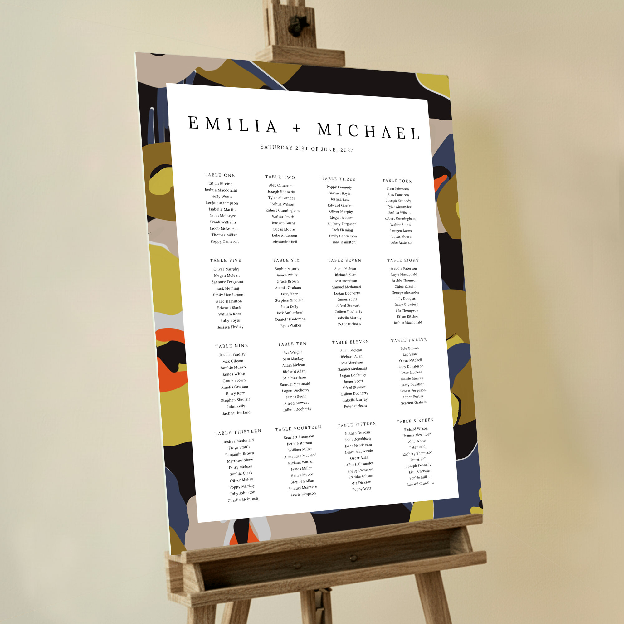 Personalized Deco Blooms Foamex Seating Plan with vintage-inspired abstract floral patterns. This design has 16 tables.