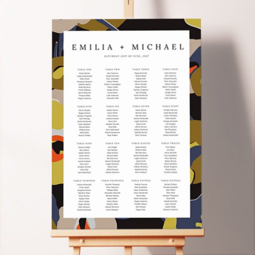 Personalized Deco Blooms Foamex Seating Plan with vintage-inspired abstract floral patterns. This design has 16 tables.