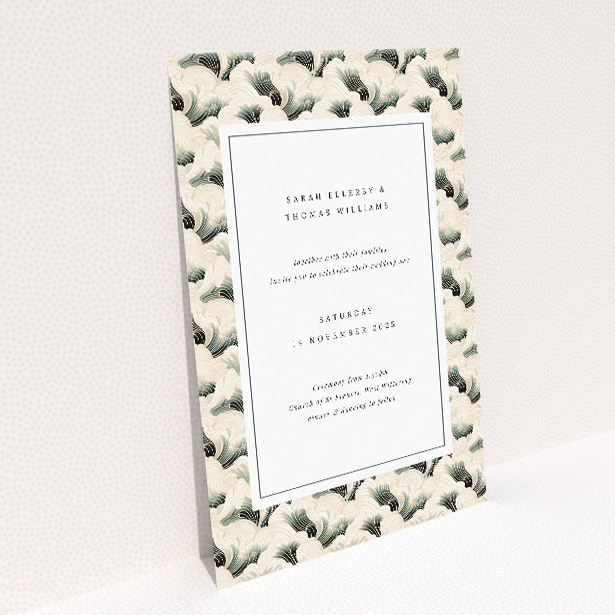 Art Deco Wave Elegance Wedding Invitation - Cream and Soft Black Palette. This image shows the front and back sides together
