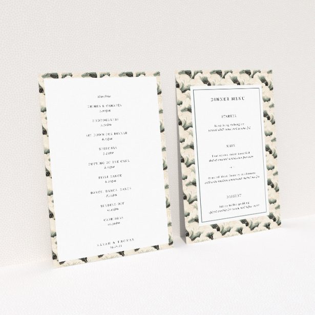 Sophisticated Deco Wave Elegance Wedding Menu Template with Stylised Waves and Timeless Typography. This image shows the front and back sides together