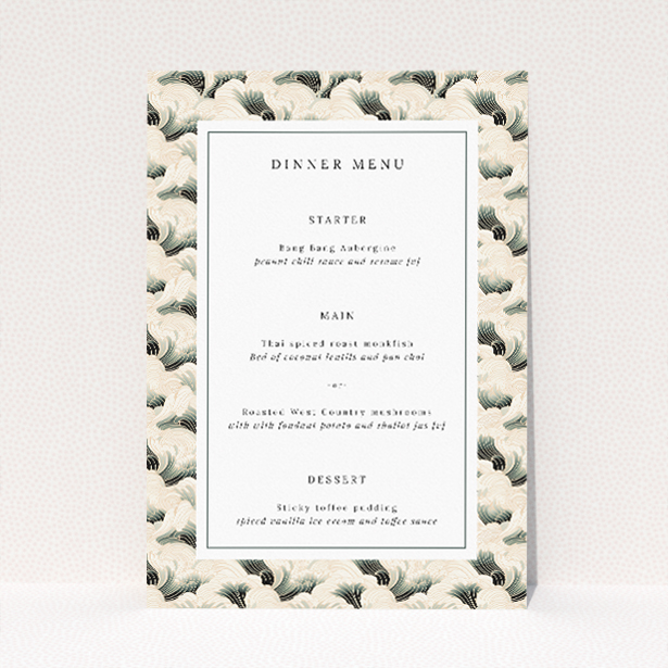 Sophisticated Deco Wave Elegance Wedding Menu Template with Stylised Waves and Timeless Typography. This is a view of the front