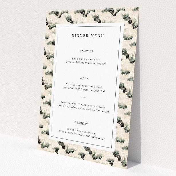 Sophisticated Deco Wave Elegance Wedding Menu Template with Stylised Waves and Timeless Typography. This image shows the front and back sides together