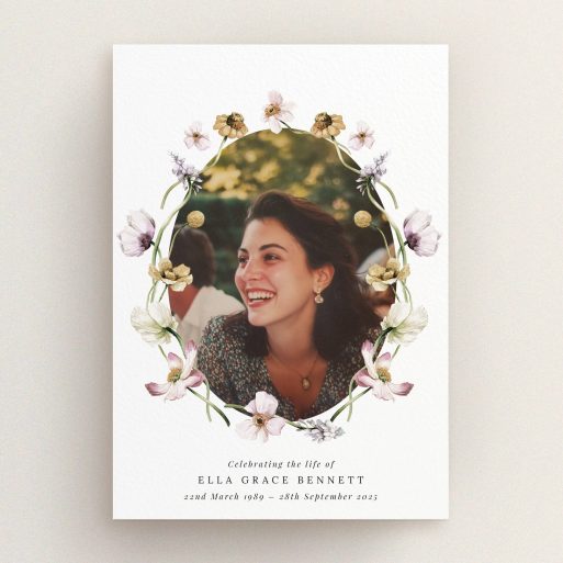 Floral funeral announcement design with one photo.