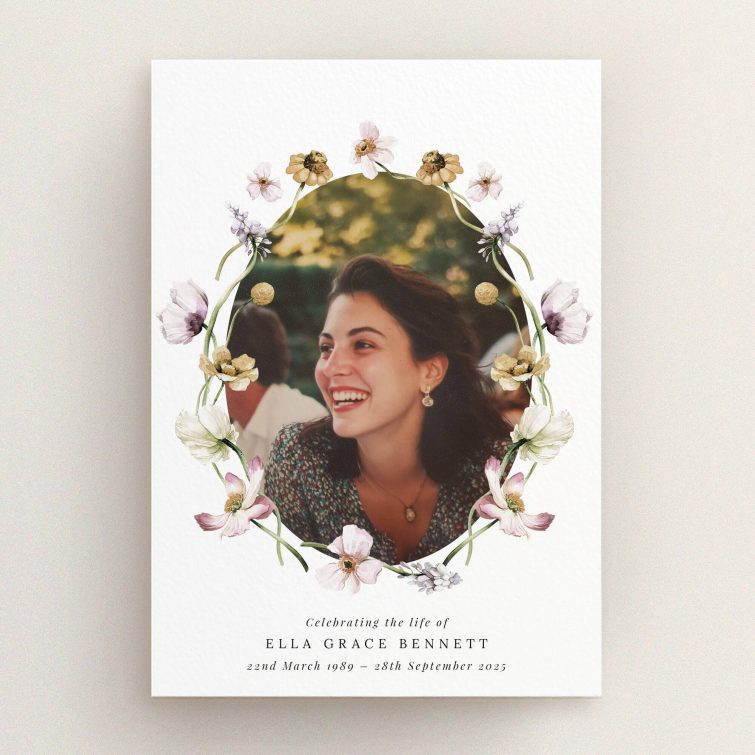 Floral funeral announcement design with one photo.