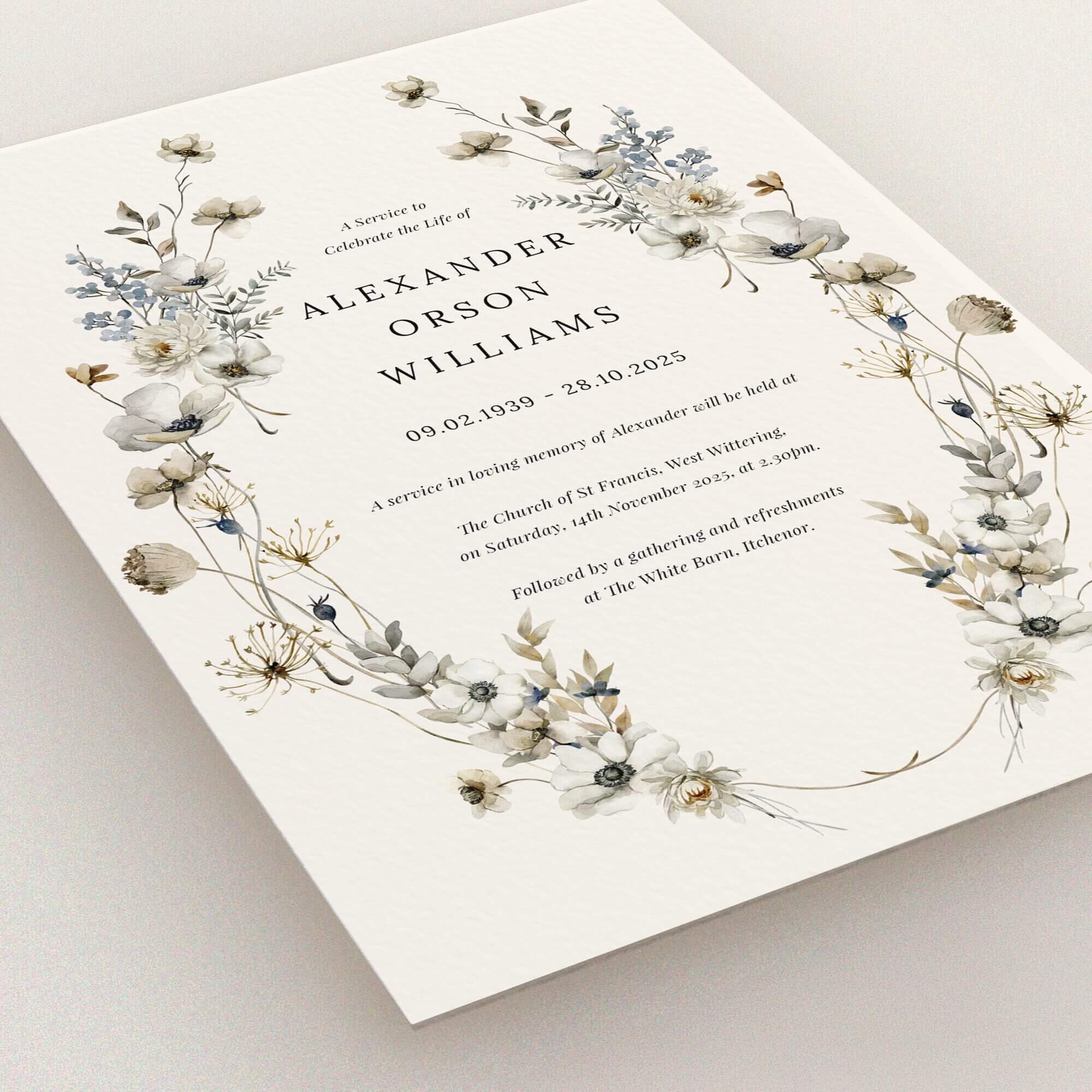 Floral funeral announcement design with one photo placeholder and elegant typography