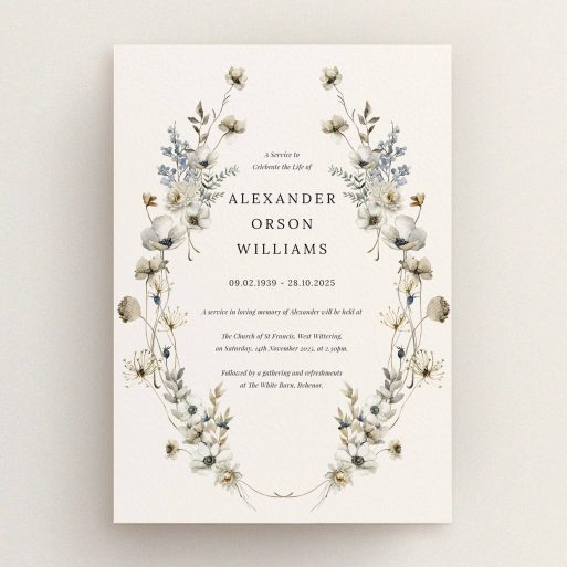 Floral funeral announcement design with one photo placeholder and elegant typography