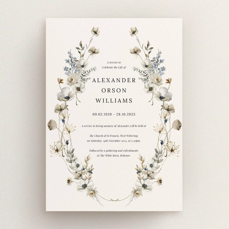 Floral funeral announcement design with one photo placeholder and elegant typography
