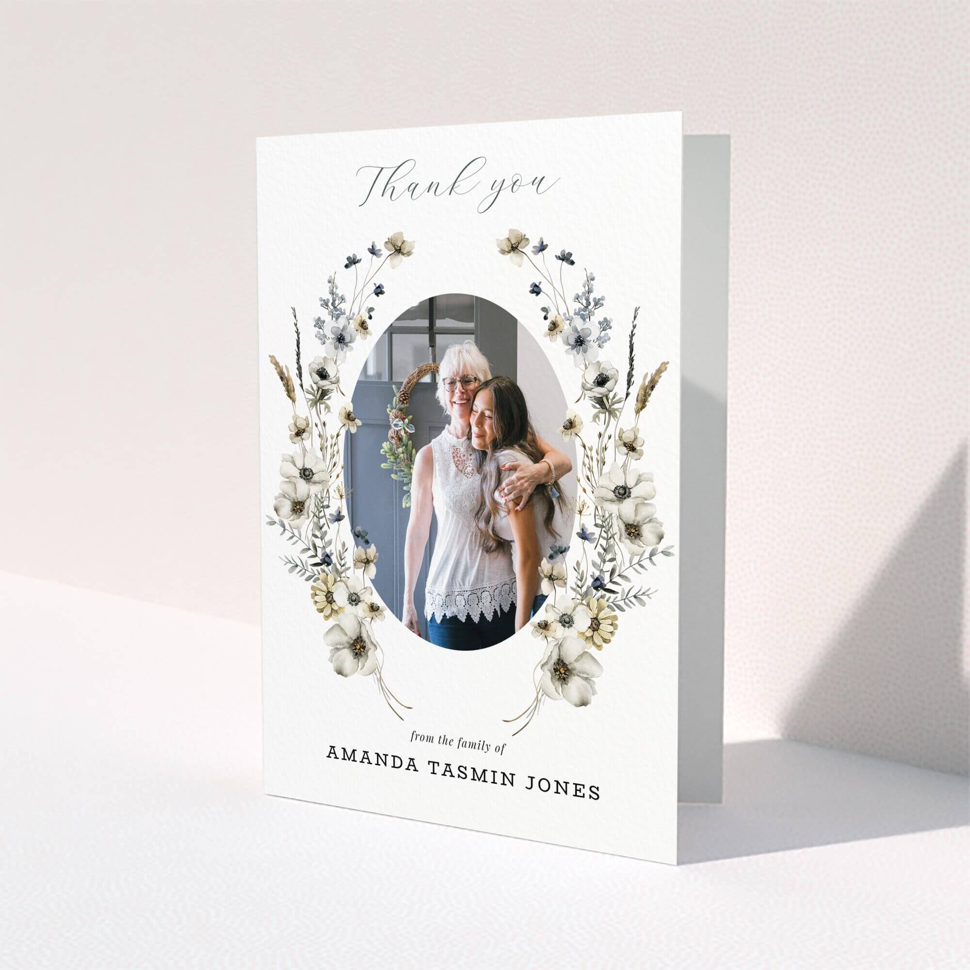 Floral funeral thank you card design featuring one photo for expressing gratitude.