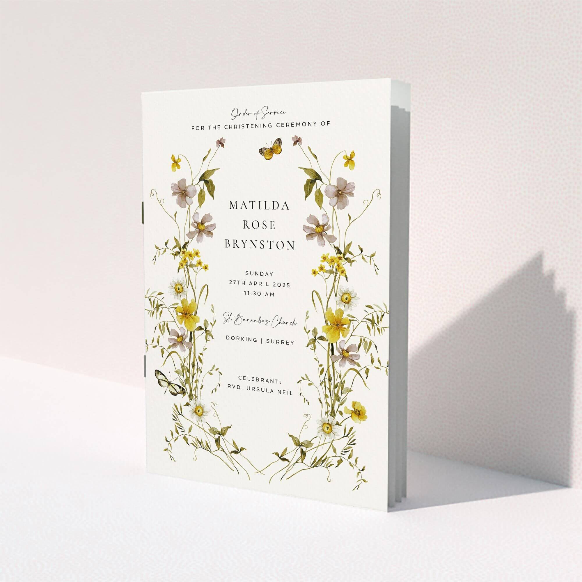 Floral Christening Design Floral christening order of service program with delicate yellow and pink flowers and two decorative butterfly illustrations.