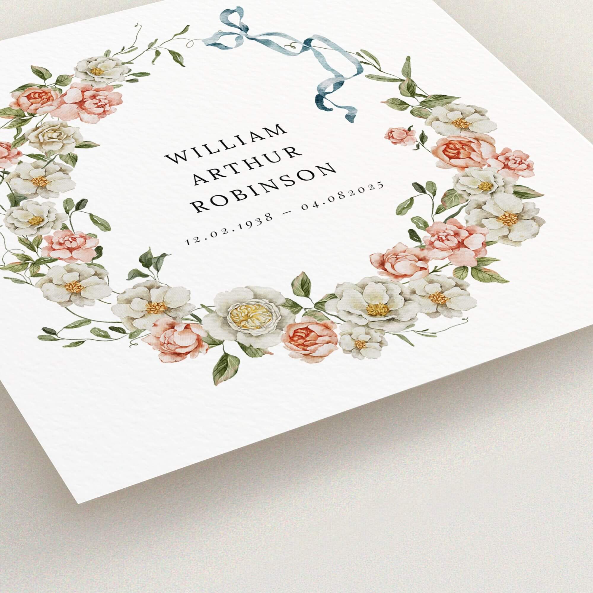 Floral wreath funeral announcement design with one placeholder photo.