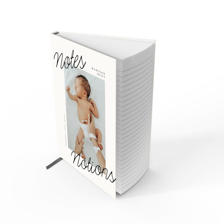 Utterly Printable personalised notebook design with baby photo on front cover, featuring elegant typography and a portrait orientation.