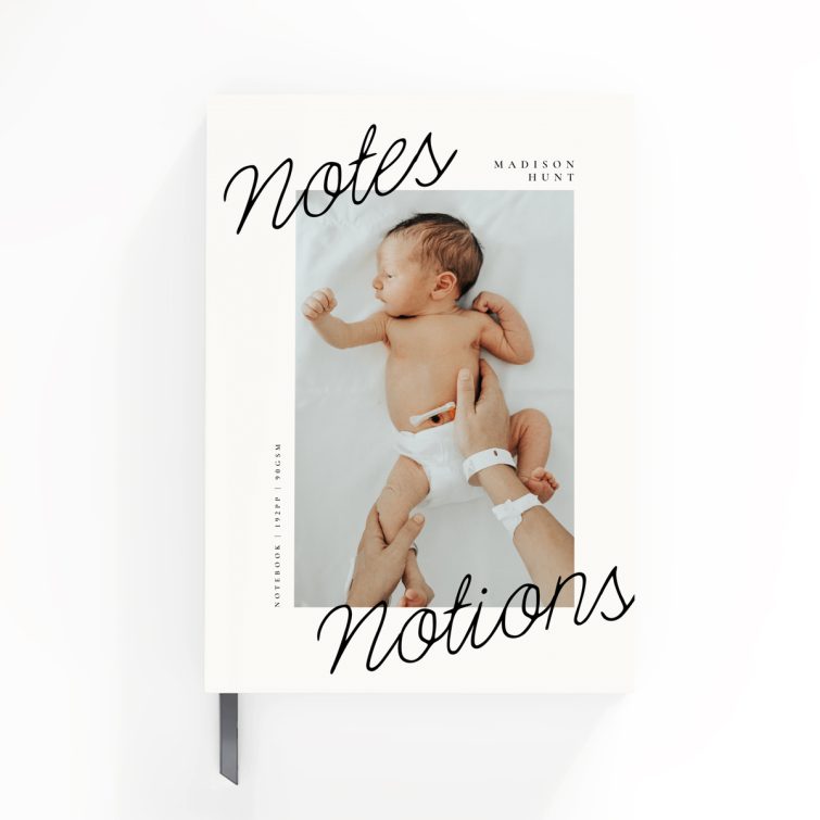 Utterly Printable personalised notebook design with baby photo on front cover, featuring elegant typography and a portrait orientation.