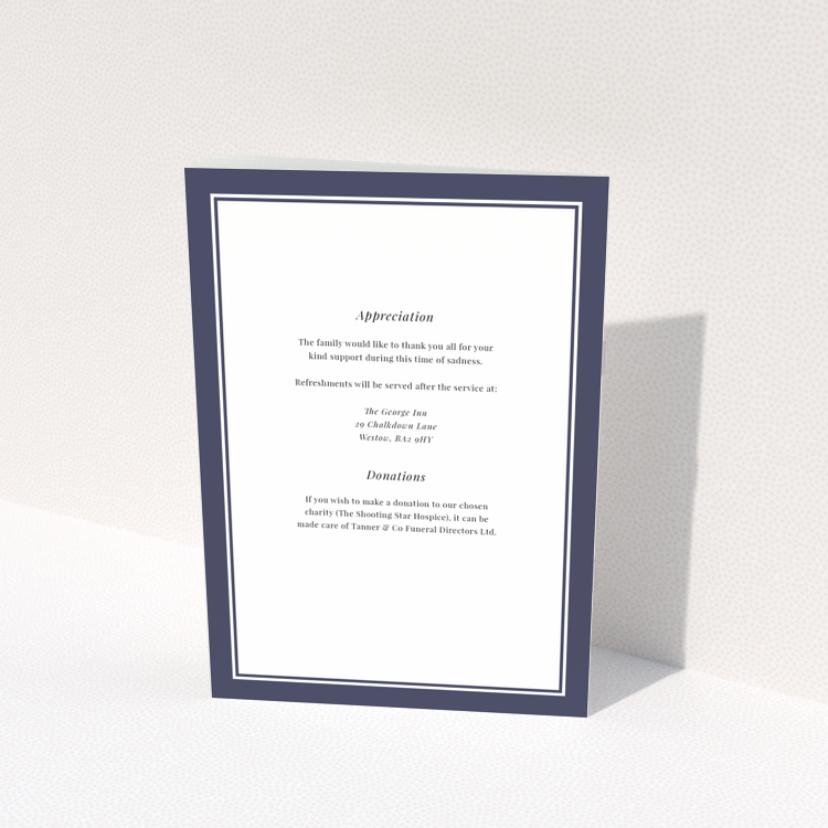 Funeral order of service program design with a minimalist border layout on the back page titled Portrait, no photos present