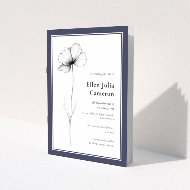 Funeral order of service program design with a minimalist border layout on the back page titled Portrait, no photos present