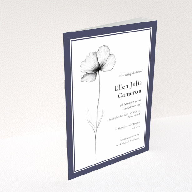 Funeral order of service program design with a minimalist border layout on the back page titled Portrait, no photos present