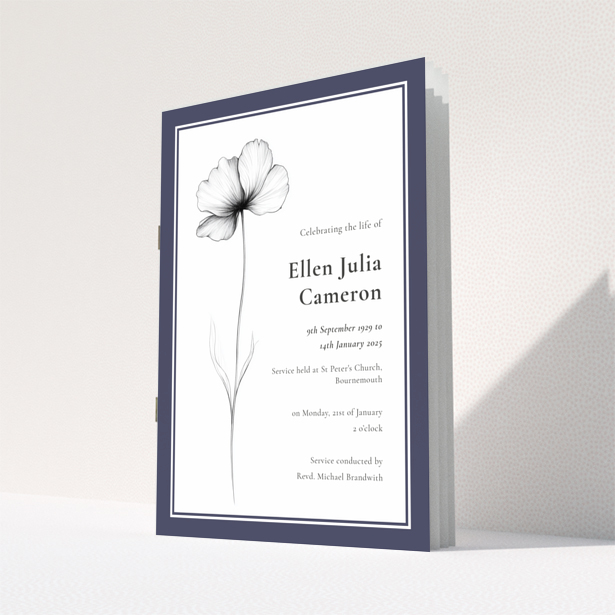 Funeral order of service program design with a minimalist border layout on the back page titled Portrait, no photos present