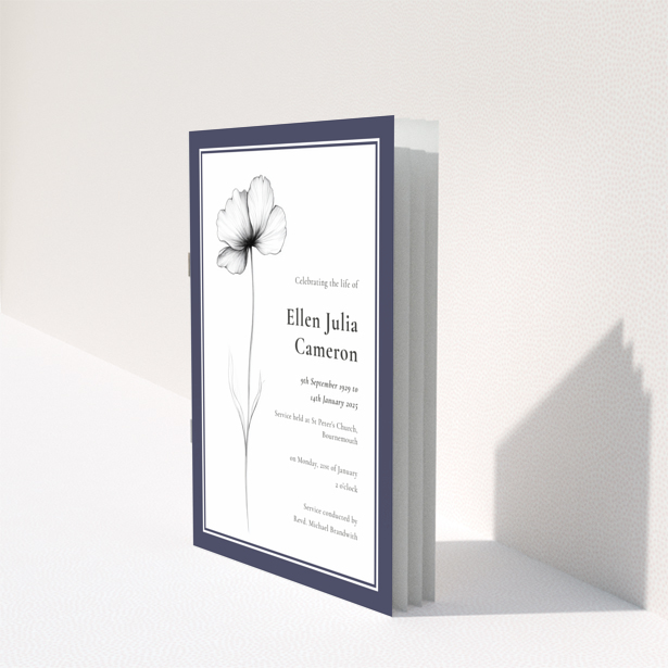 Funeral order of service program design with a minimalist border layout on the back page titled Portrait, no photos present