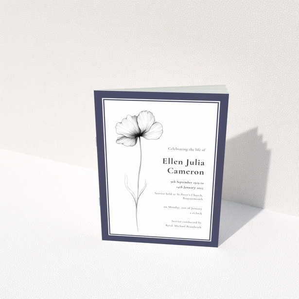Funeral order of service program design with a minimalist border layout on the back page titled Portrait, no photos present