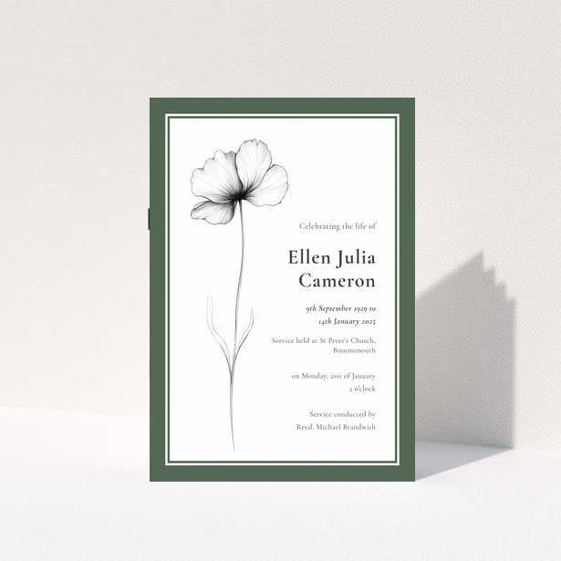 Funeral order of service programme design featuring a hand-drawn flower illustration.