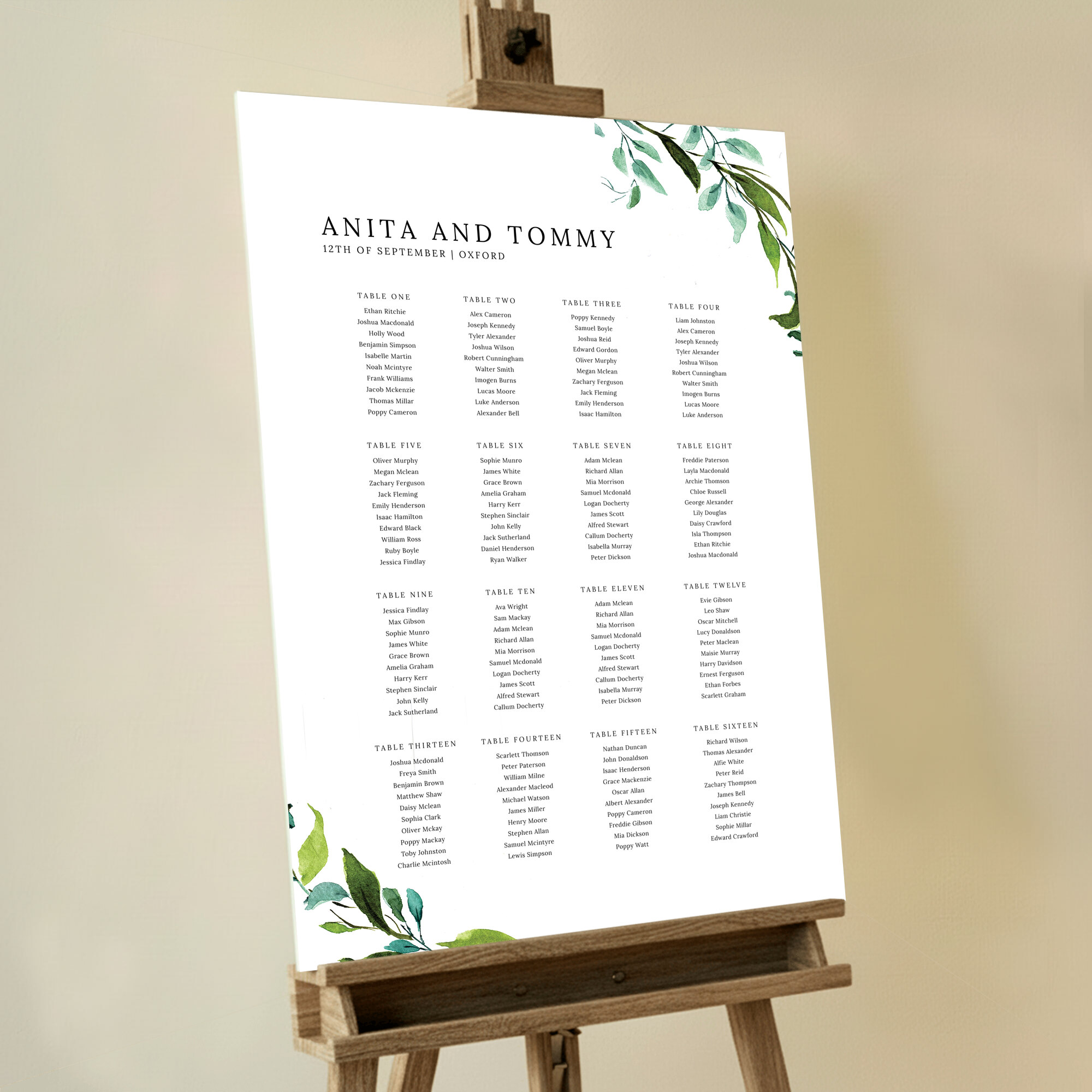 Wedding Seating Plan featuring a delicate wreath in thin blue and green lines in the top right and bottom left corners, adding a charming and subtle detail to the design.. This template is formatted for 16 tables.