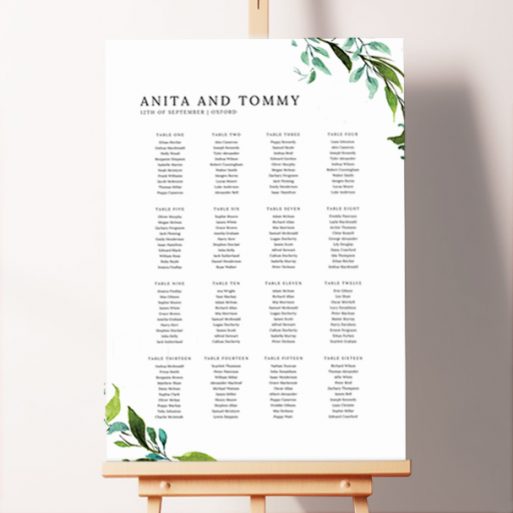 Wedding Seating Plan featuring a delicate wreath in thin blue and green lines in the top right and bottom left corners, adding a charming and subtle detail to the design.. This template is formatted for 16 tables.