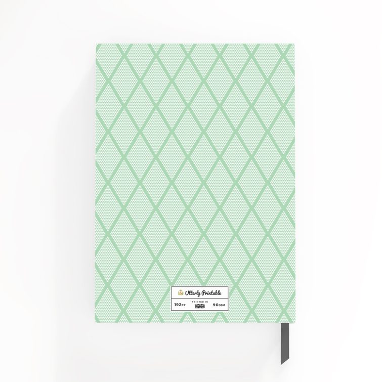 Green diamond pattern notebook cover design for Utterly Printable with vintage label and no photos.