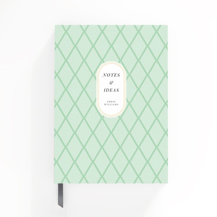 Green diamond pattern notebook cover design for Utterly Printable with vintage label and no photos.