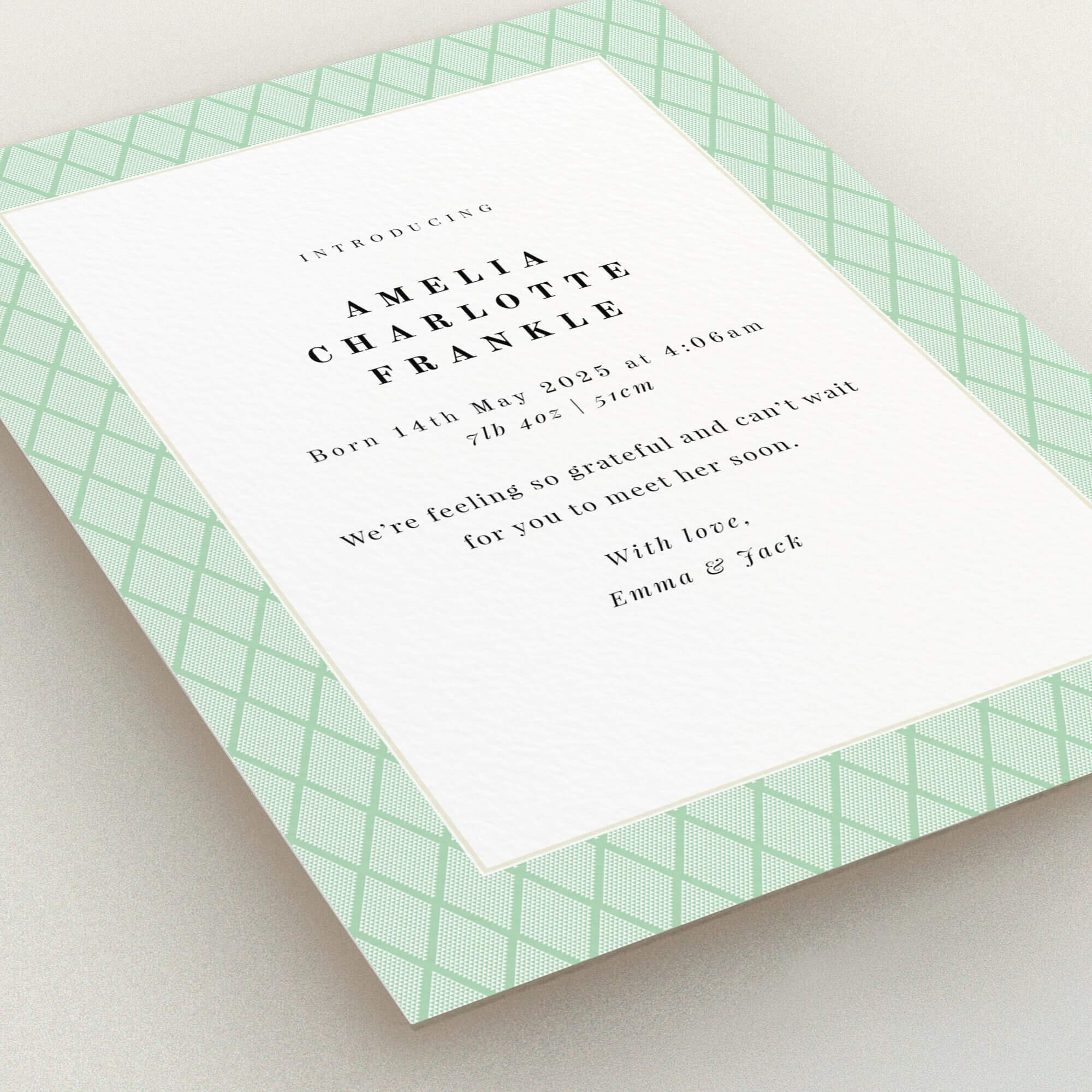 Green patterned birth announcement card design with no photos, personalised with baby details.