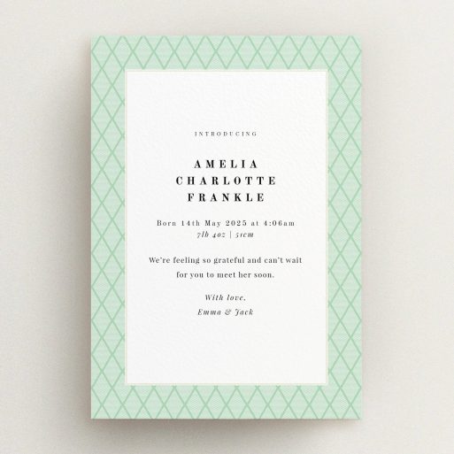 Green patterned birth announcement card design with no photos, personalised with baby details.