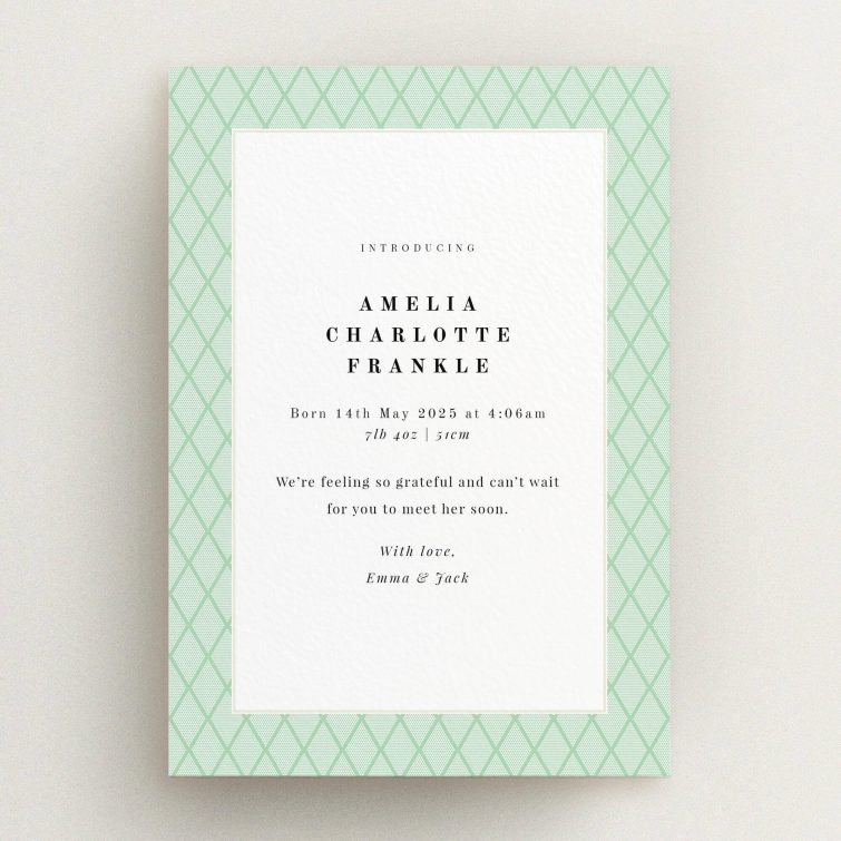 Green patterned birth announcement card design with no photos, personalised with baby details.