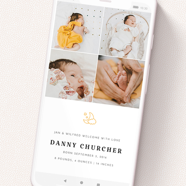 A digital baby announcement template titled '4 Frame'. It is a smartphone screen sized announcement in a portrait orientation. It is a photographic digital baby announcement with room for 3 photos. '4 Frame' is available as a flat announcement, with tones of orange and white.