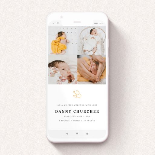 A digital baby announcement template titled "4 Frame". It is a smartphone screen sized announcement in a portrait orientation. It is a photographic digital baby announcement with room for 3 photos. "4 Frame" is available as a flat announcement, with tones of orange and white.